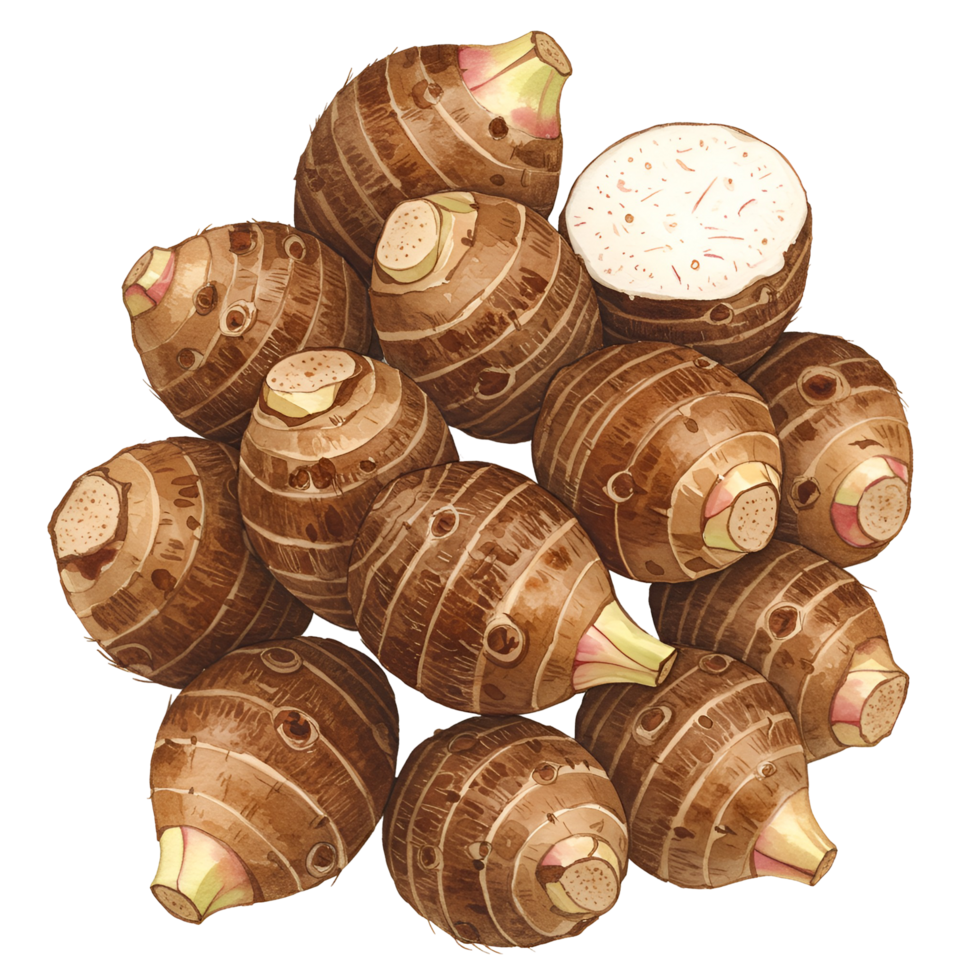 A watercolor pile of taro roots with visible textures and one cut open revealing the inside of the vegetable on transparent background png