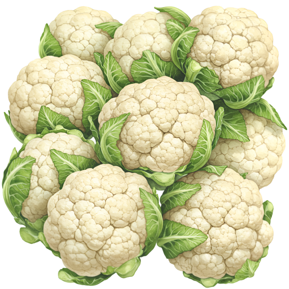 A watercolor cluster of fresh cauliflower heads with vibrant green leaves arranged in a close up composition view on transparent background png