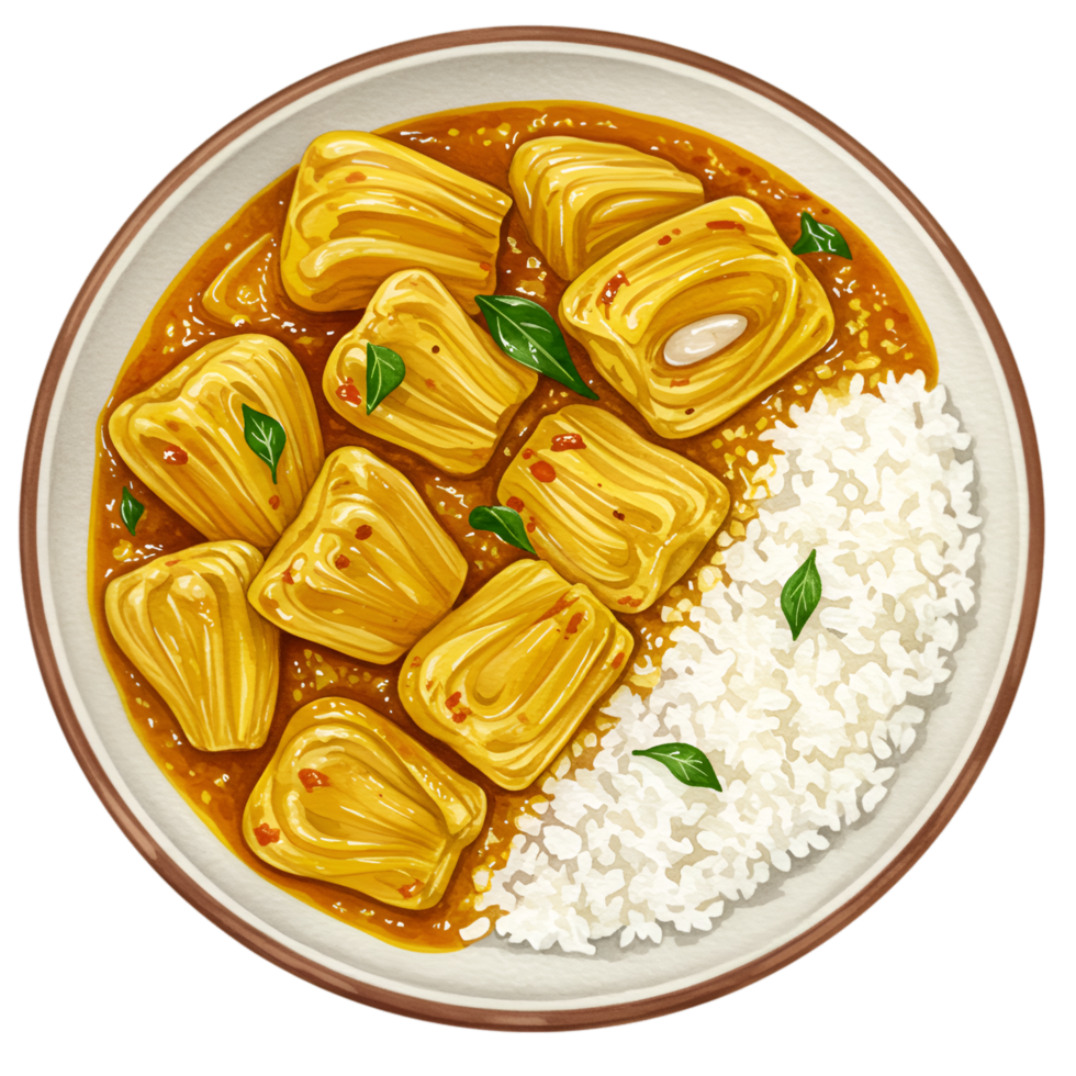 A watercolor plate featuring jackfruit curry with rice and garnished with fresh green leaves viewed from above on transparent background png