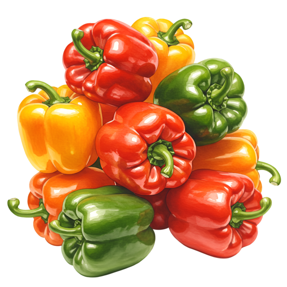A watercolor vibrant pile of bell peppers in assorted colors stacked together on a plain isolated setting view on transparent background png