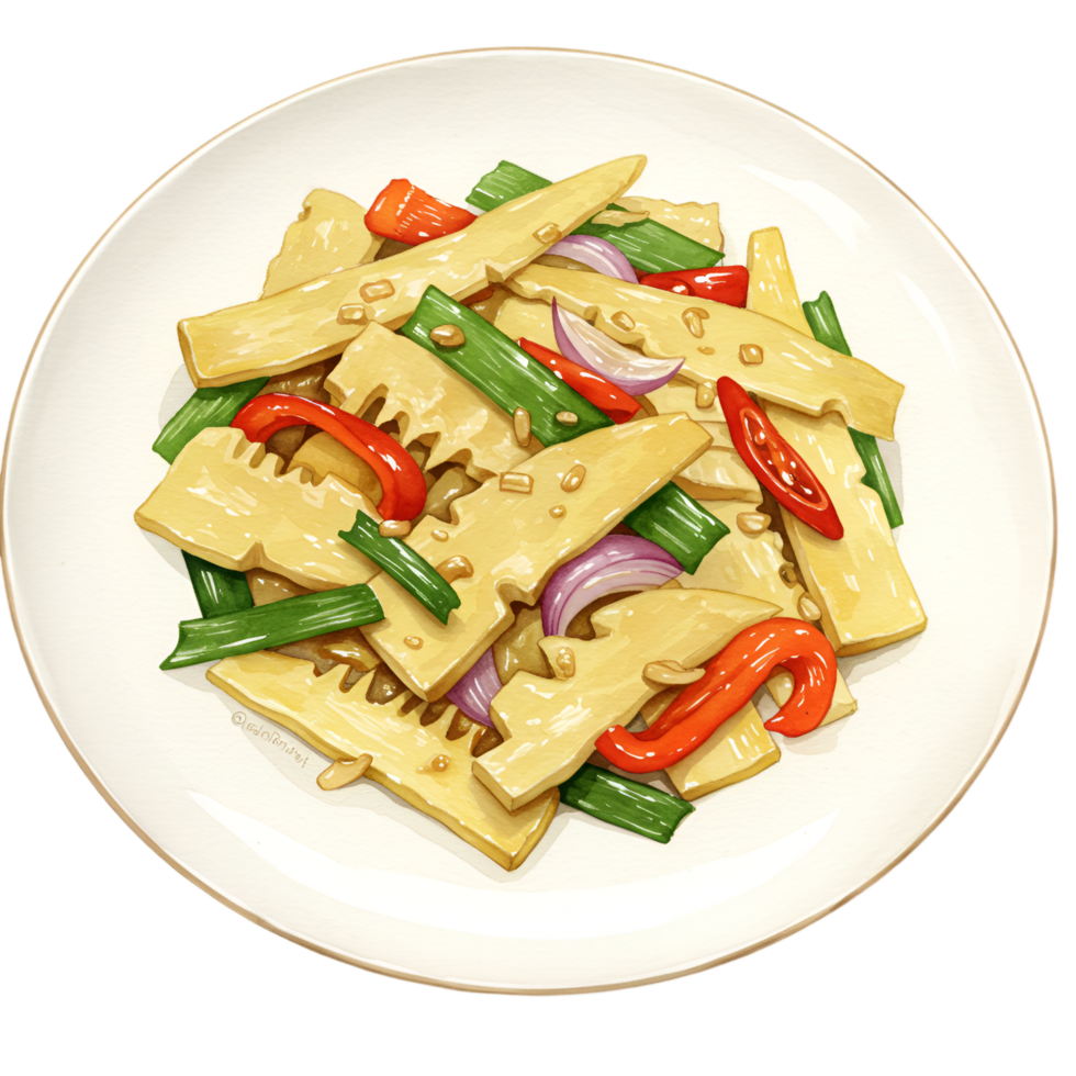 A watercolor plate of stir fried bamboo shoots with red peppers and onions on a white circular dish top view on transparent background png