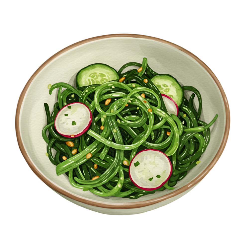 watercolor Seaweed salad with cucumber and radish slices in a bowl, presented in a visually appealing manner on transparent background png