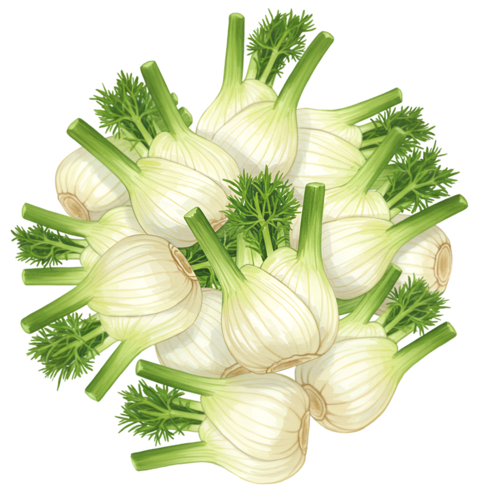 A watercolor collection of fresh fennel bulbs with green stalks and fronds arranged in a close formation view from above on transparent background png