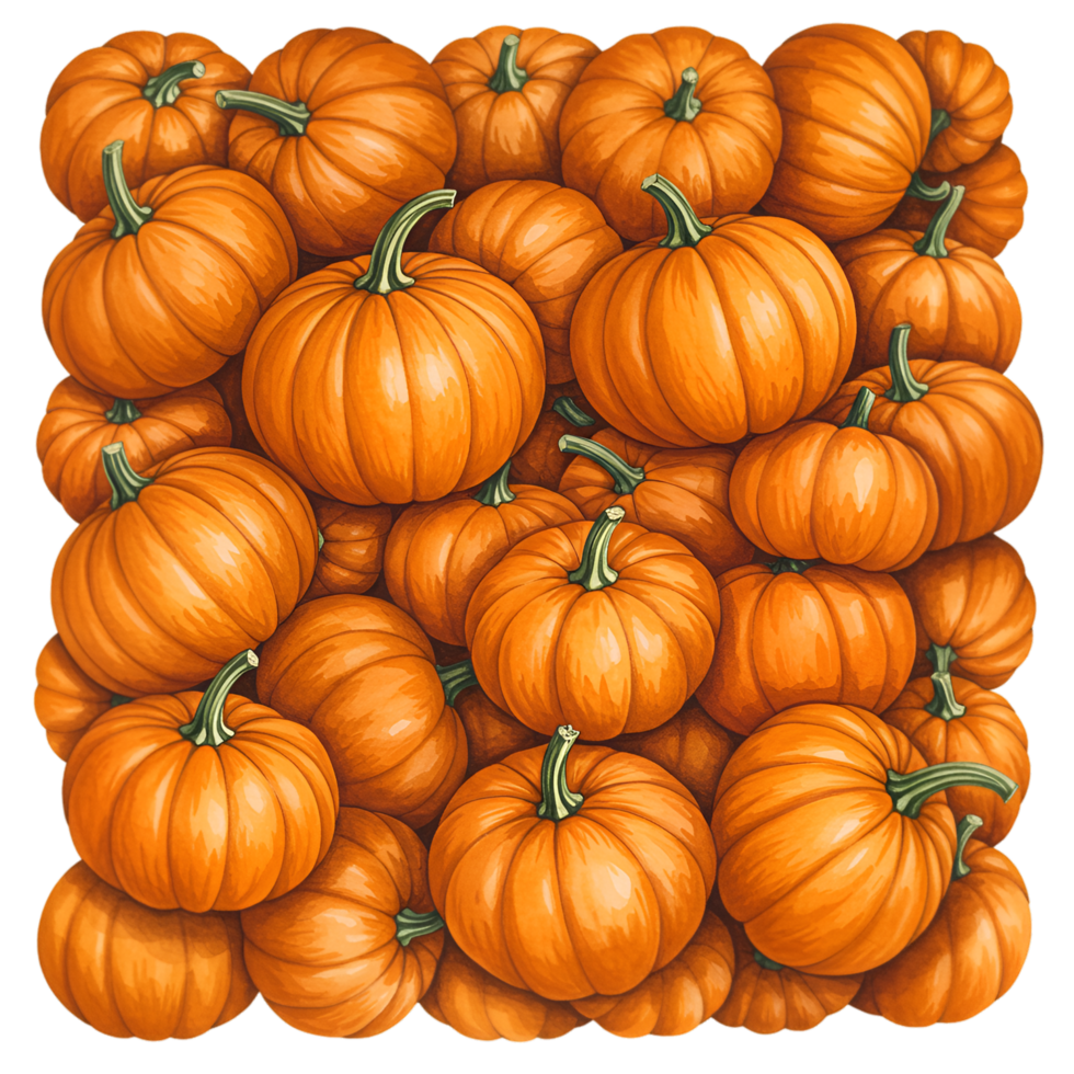 A watercolor vivid gathering of orange pumpkins stacked together in a dense and plentiful arrangement of autumn harvest on transparent background png