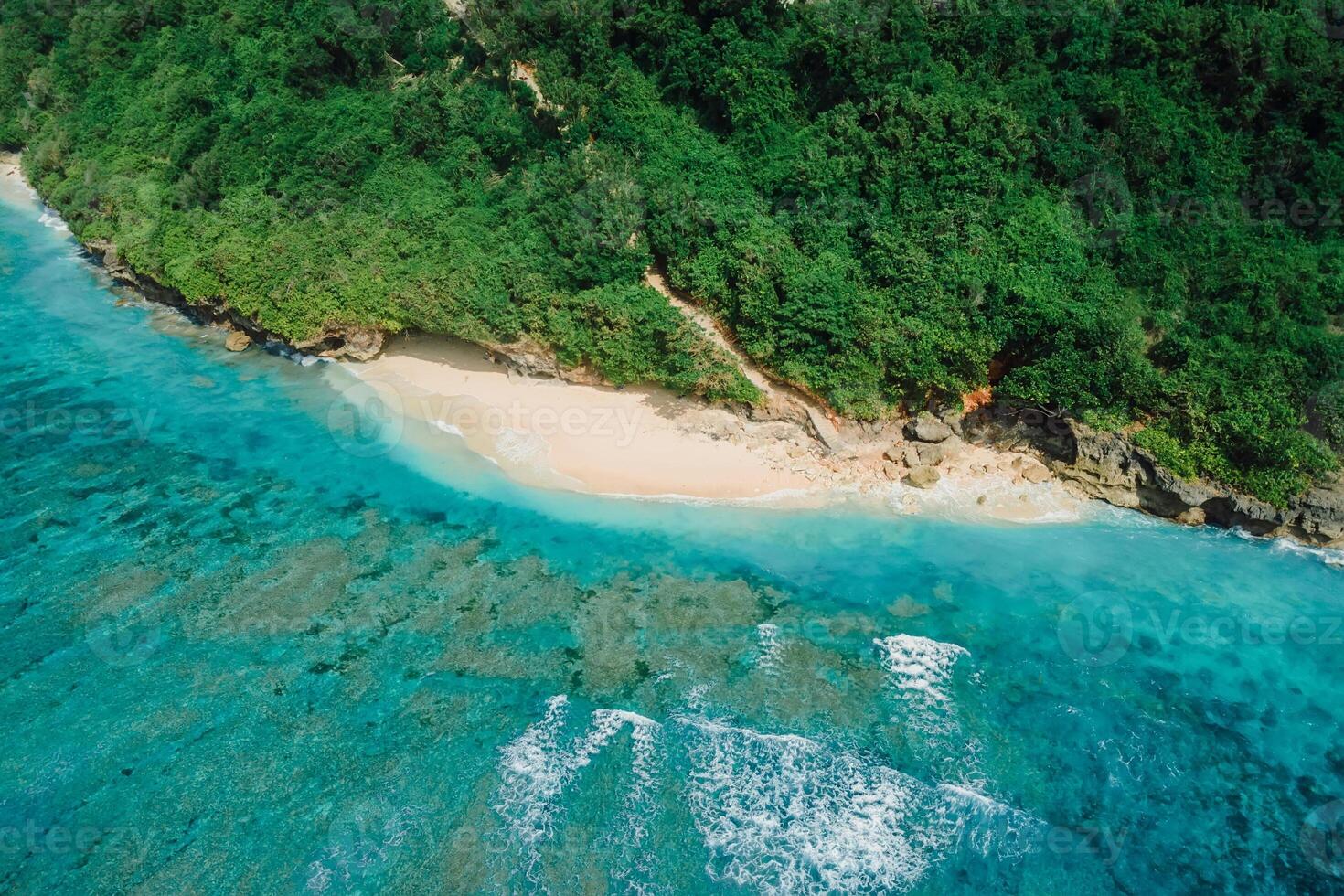 Tropical sand beach with turquoise ocean in Bali. Aerial view of scenic paradise beach photo