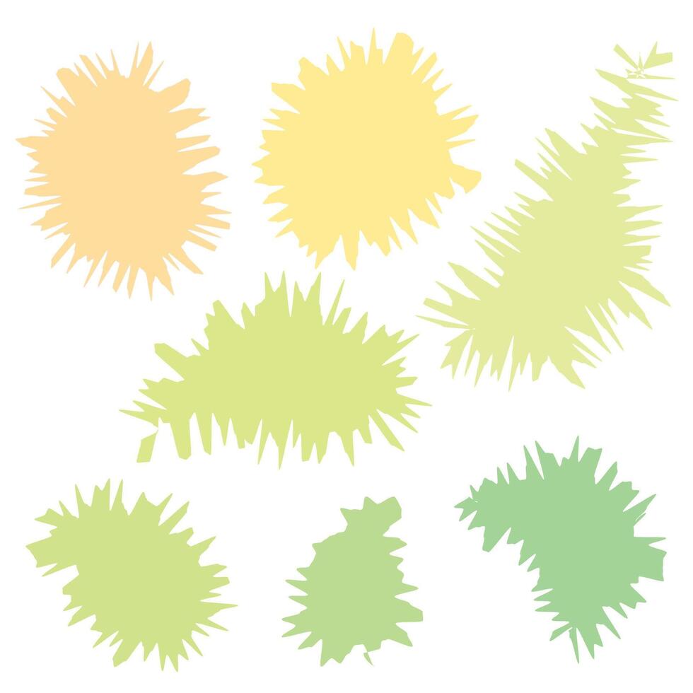 Seven abstract shapes. Pastel yellow and green tones. White background. Irregular, jagged edges. Organic forms. Modern design clip art. vector