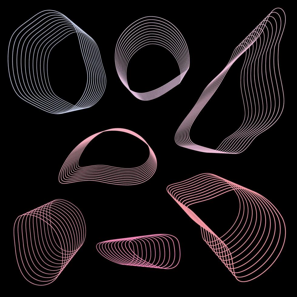 Seven abstract geometric blend shapes. Thin, curved lines. Dynamic, flowing forms. Modern, minimalist style. Abstract line art. Elegant, contemporary design. Geometric abstraction. vector