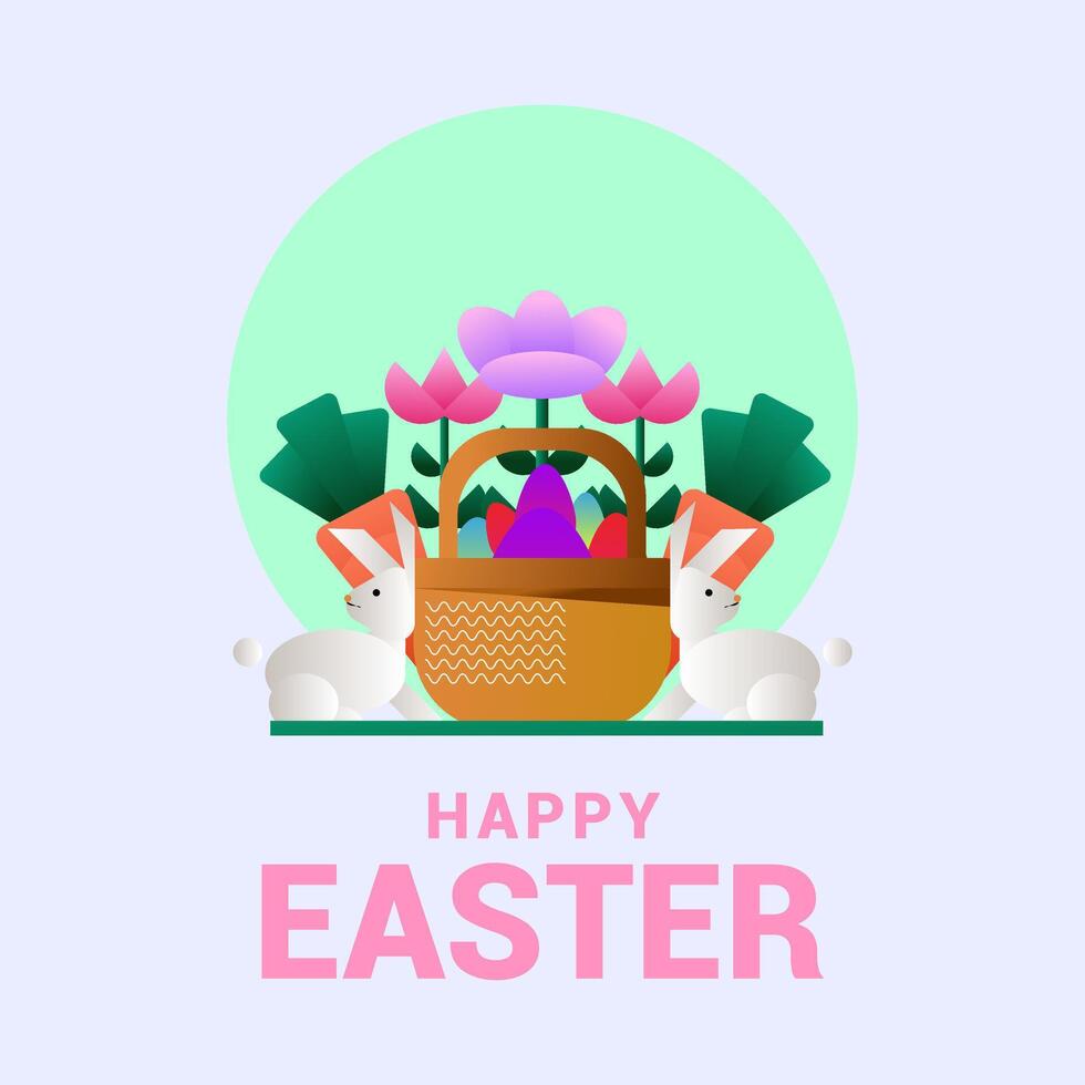 Happy Easter, Modern flat design with flowers, eggs and bunnies, pastel colors. vector