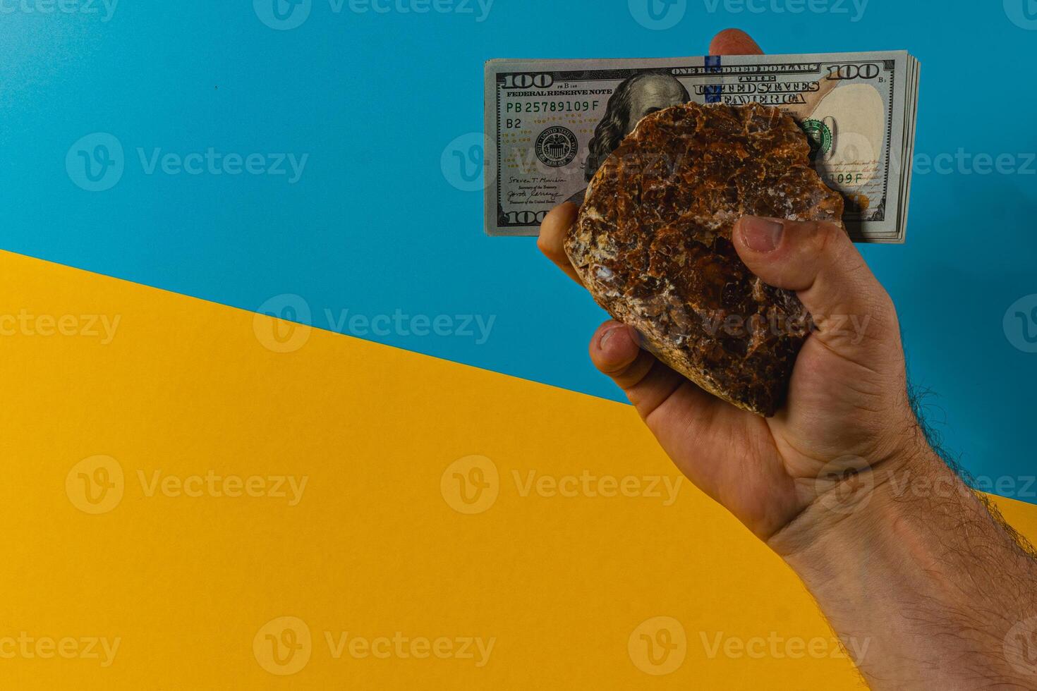 Hand holding bread and cash against a blue and yellow background photo