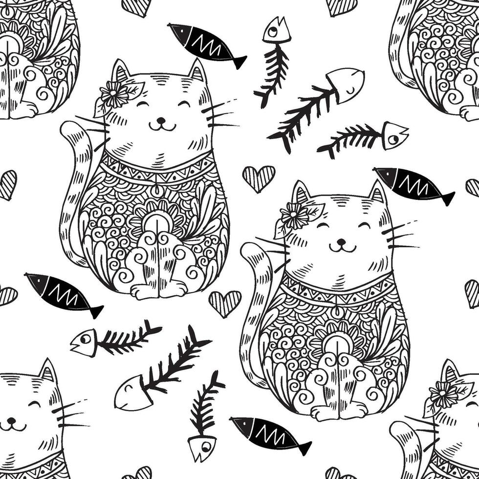 Seamless pattern with cute cats and fish. vector