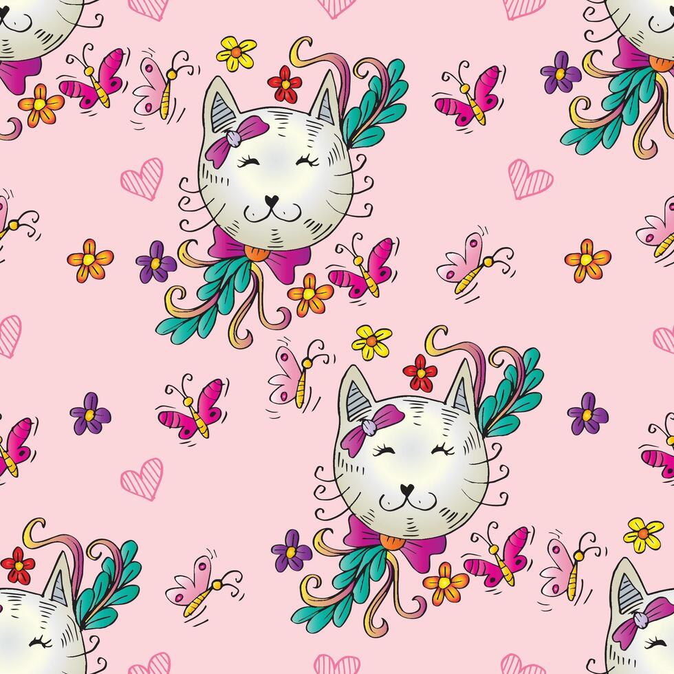 Seamless pattern with cute cats and butterflies. vector