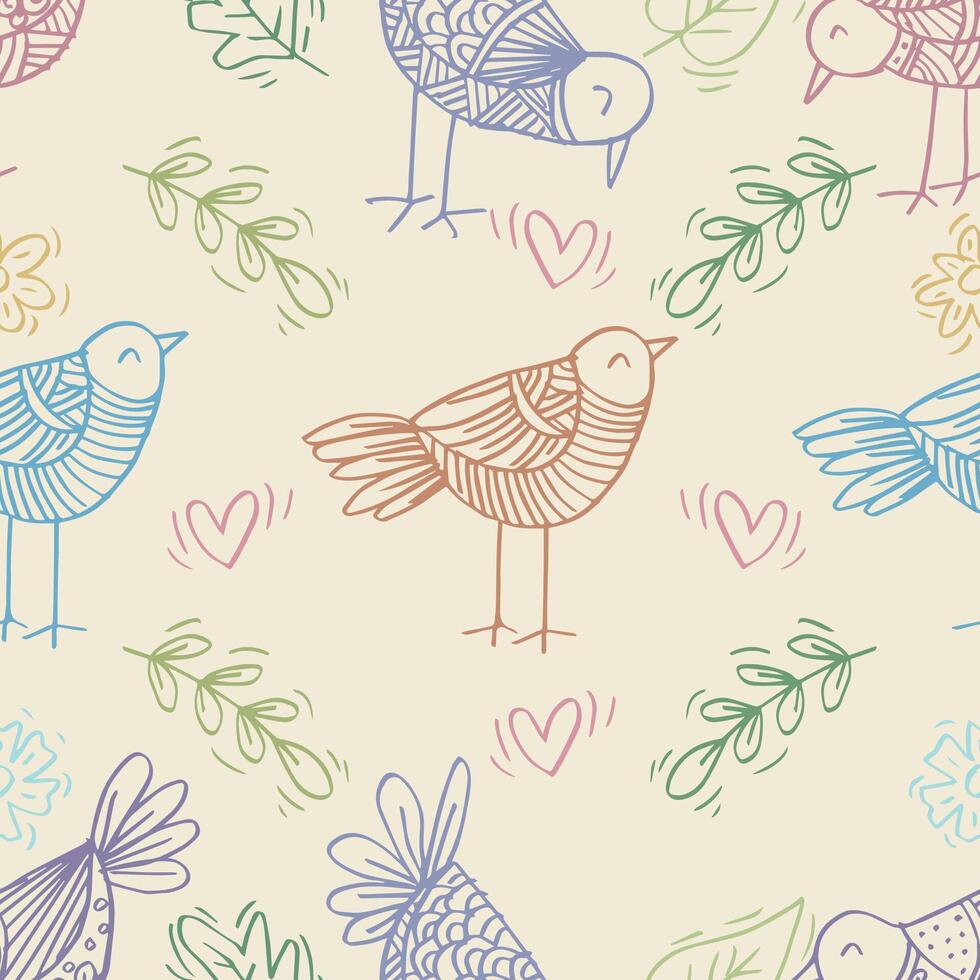 Seamless pattern with hand drawn birds, flowers and hearts. vector