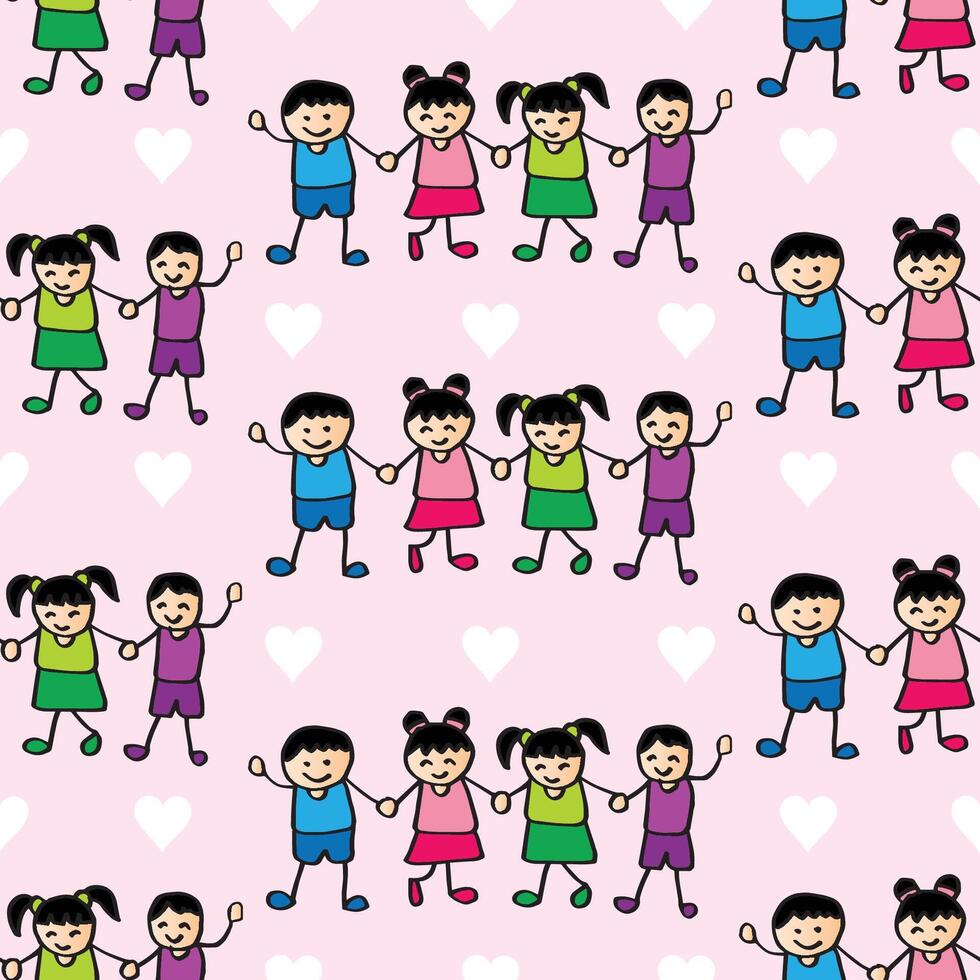 Seamless pattern with happy children on pink background. vector