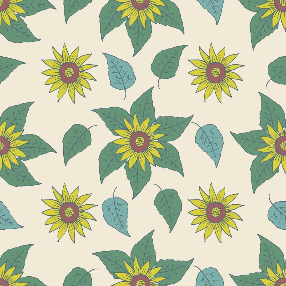 Seamless pattern with sunflowers and leaves. vector