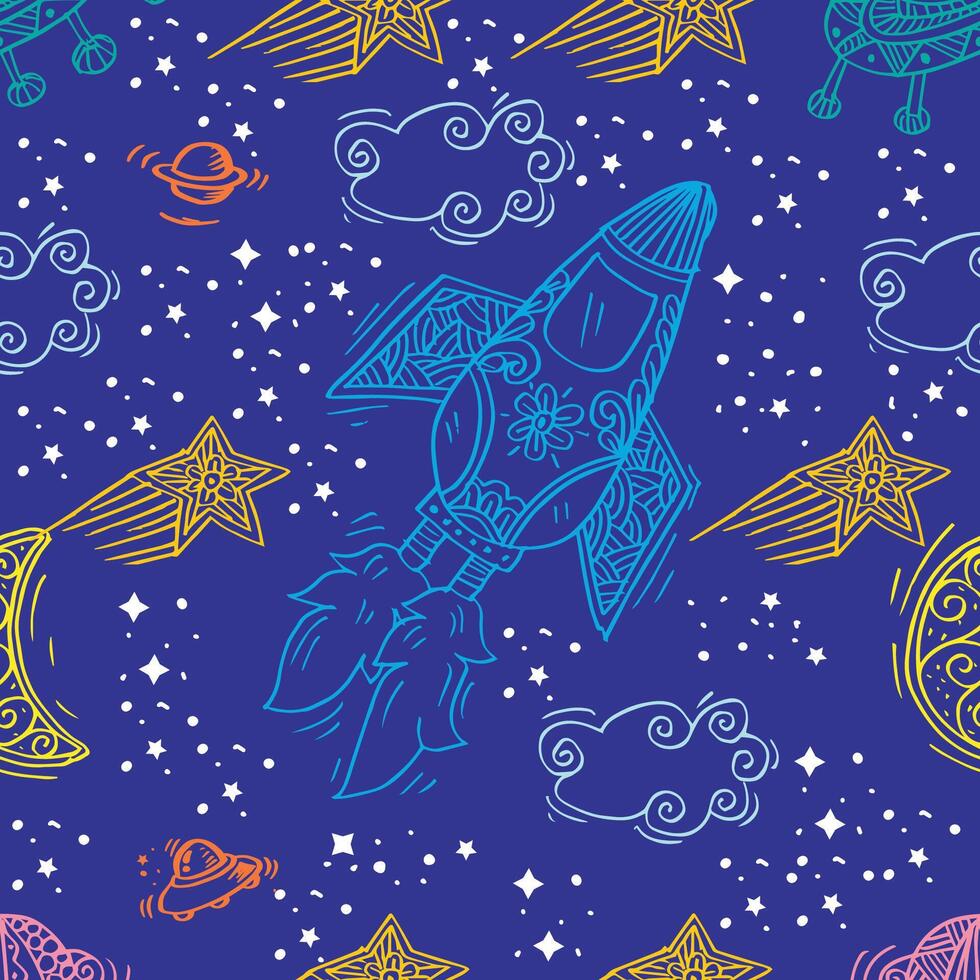 Seamless pattern with rocket ship in space with stars and planets. vector