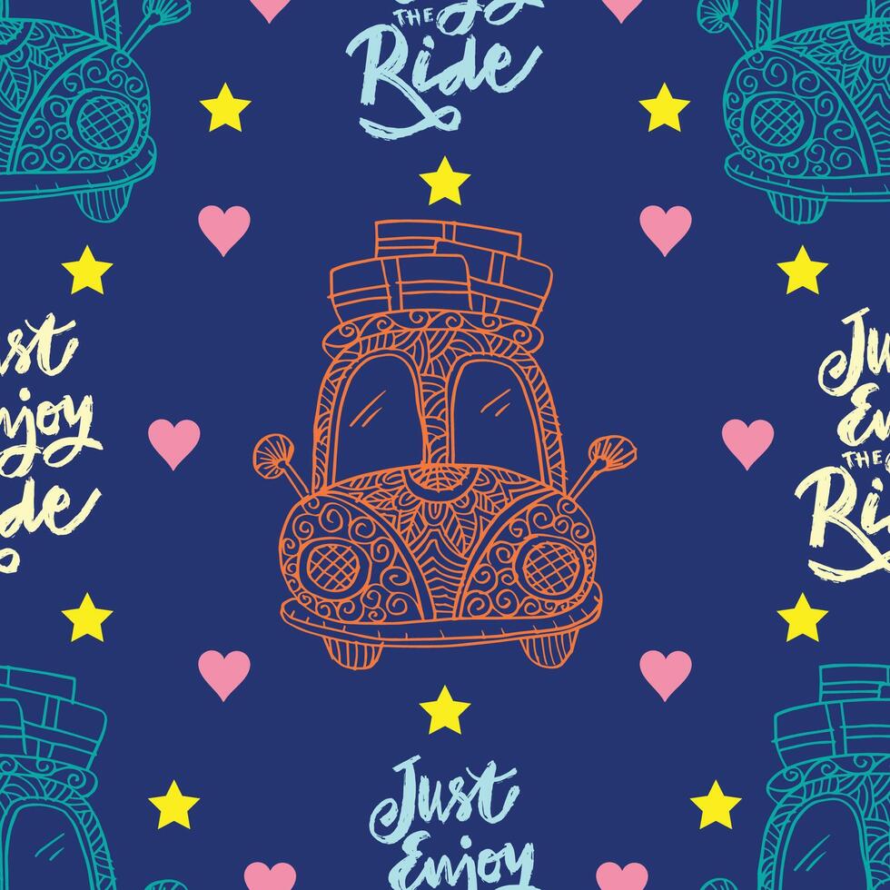 Seamless pattern with hand drawn doodle cars and text just enjoy the ride. vector