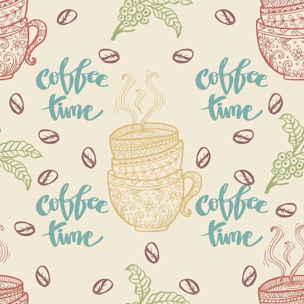 Coffee time. Hand drawn seamless pattern with coffee cups, beans and lettering. vector
