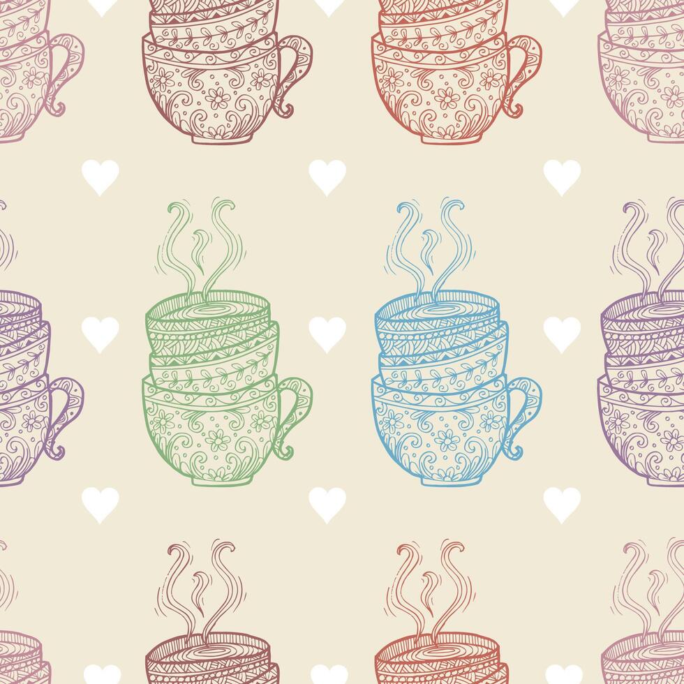 Seamless pattern with coffee cups and hearts. vector