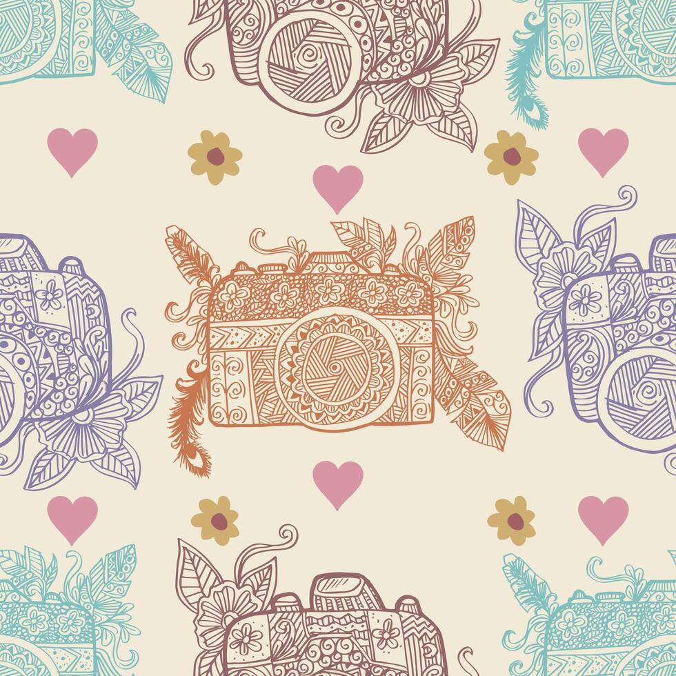 Seamless pattern with hand drawn retro camera, flowers and hearts. vector