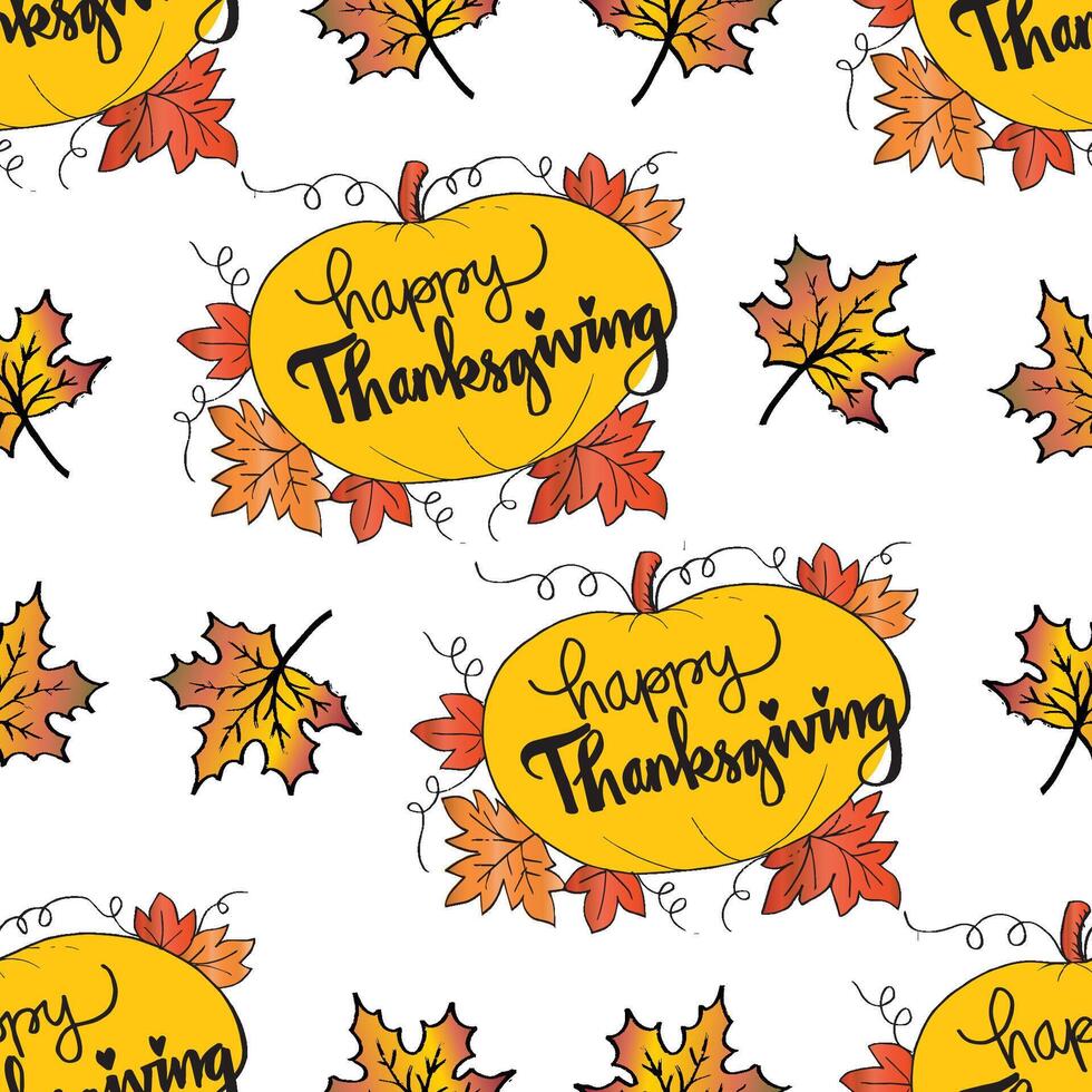 Thanksgiving day seamless pattern with hand drawn lettering. vector