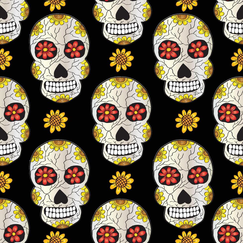 Day of the Dead. Seamless pattern with sugar skulls and flowers. vector