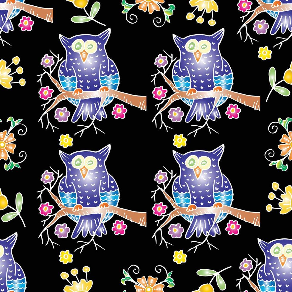 Seamless pattern with owls and flowers. vector