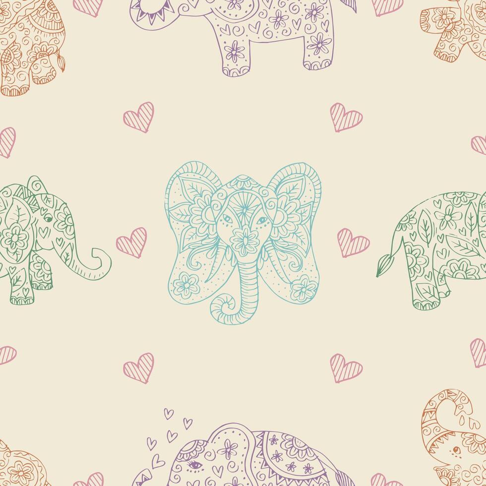Seamless pattern with elephants and hearts. Doo dle style vector