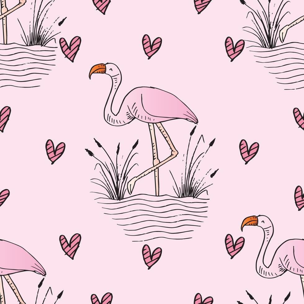 Seamless pattern with flamingos and hearts. vector