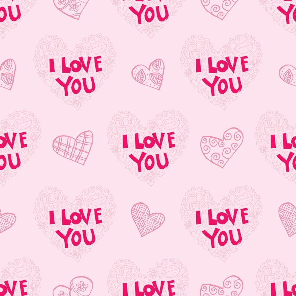 Seamless pattern with hearts and text I love you in pink colors vector