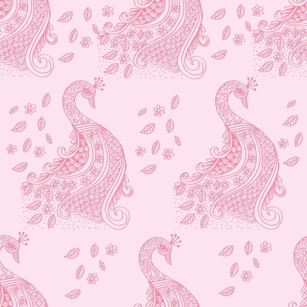 Seamless pattern with peacock on pink background. vector