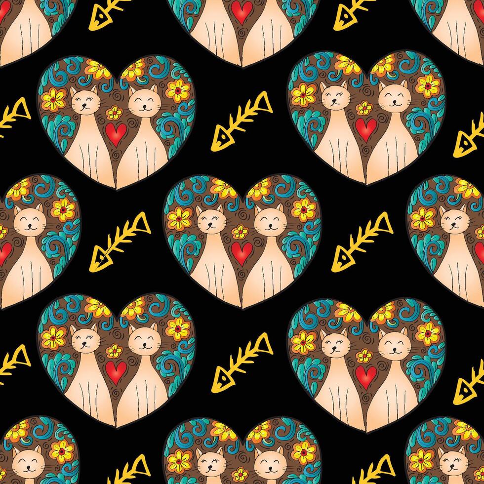 Seamless pattern with cute cartoon two cat in heart shape. vector