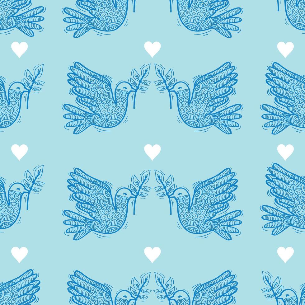 Seamless pattern with doves and hearts on a blue background vector