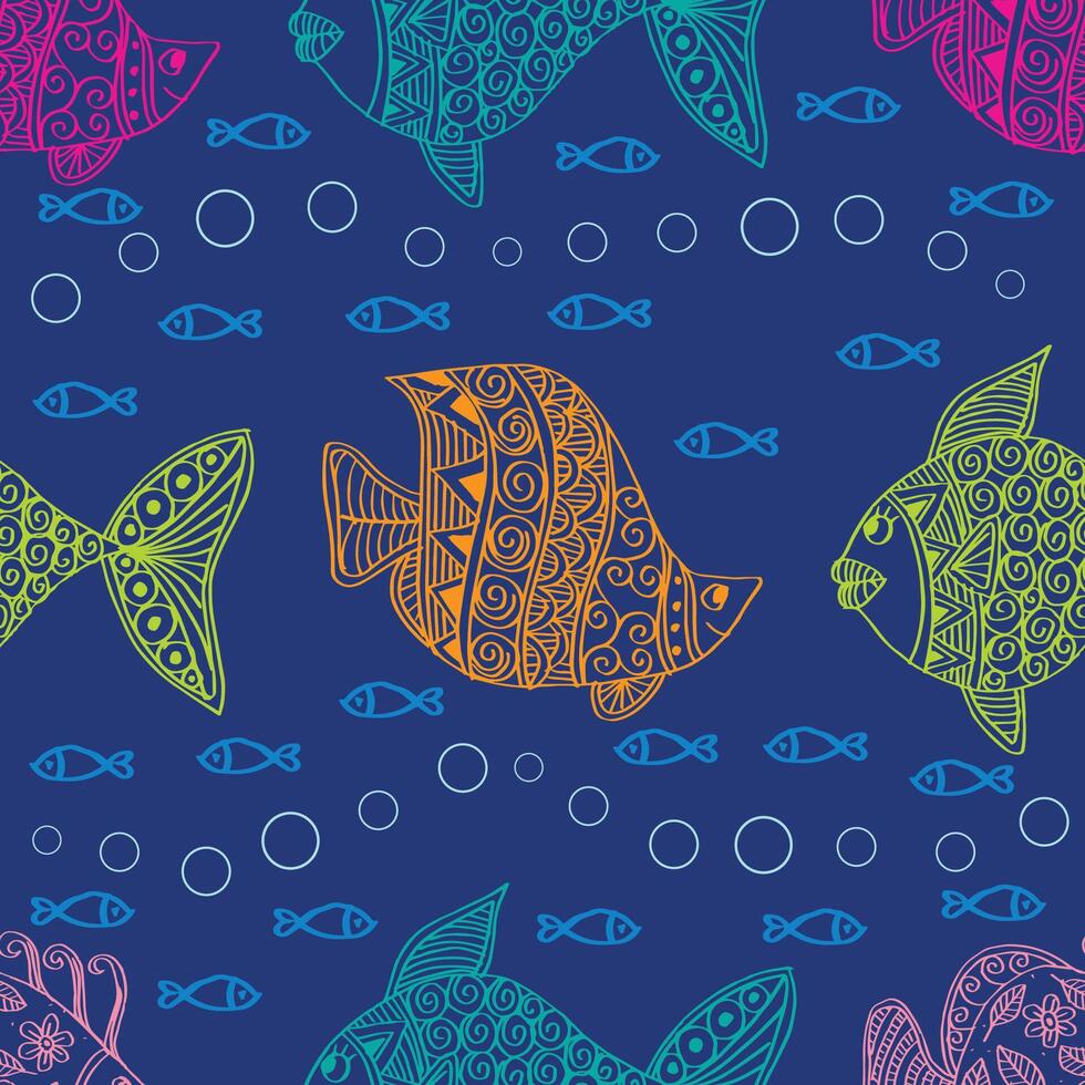 Seamless pattern with fishon blue background.. vector