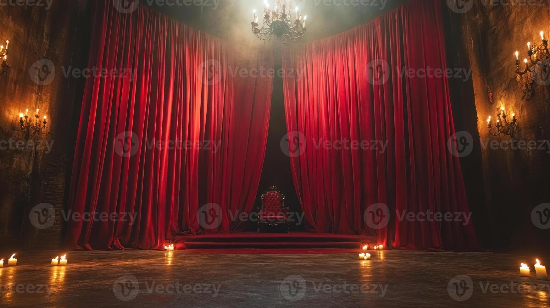 Dark world stage with red velvet curtain and throne under chandelier light creates mysterious dracula day atmosphere full of suspense and drama photo