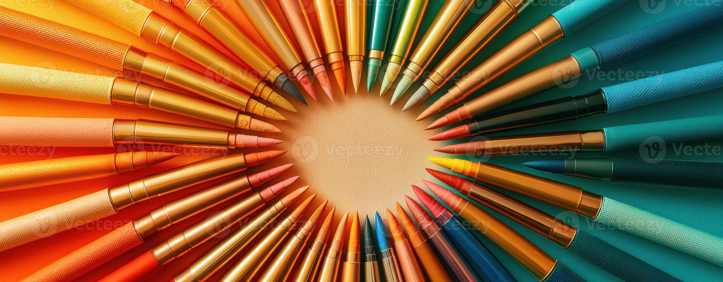 Makeup brushes arranged in radial pattern with vibrant orange, yellow, green, and blue handles, creating visually balanced and colorful display photo
