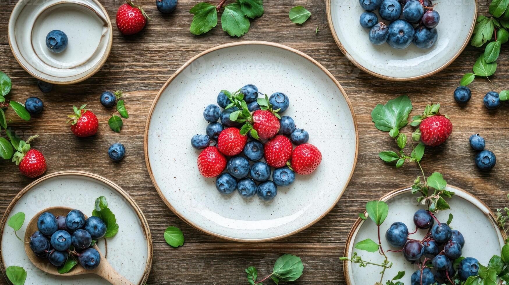Fresh national berries on clean plates with no dirty dishes on bright day creating vibrant and healthy food scene photo