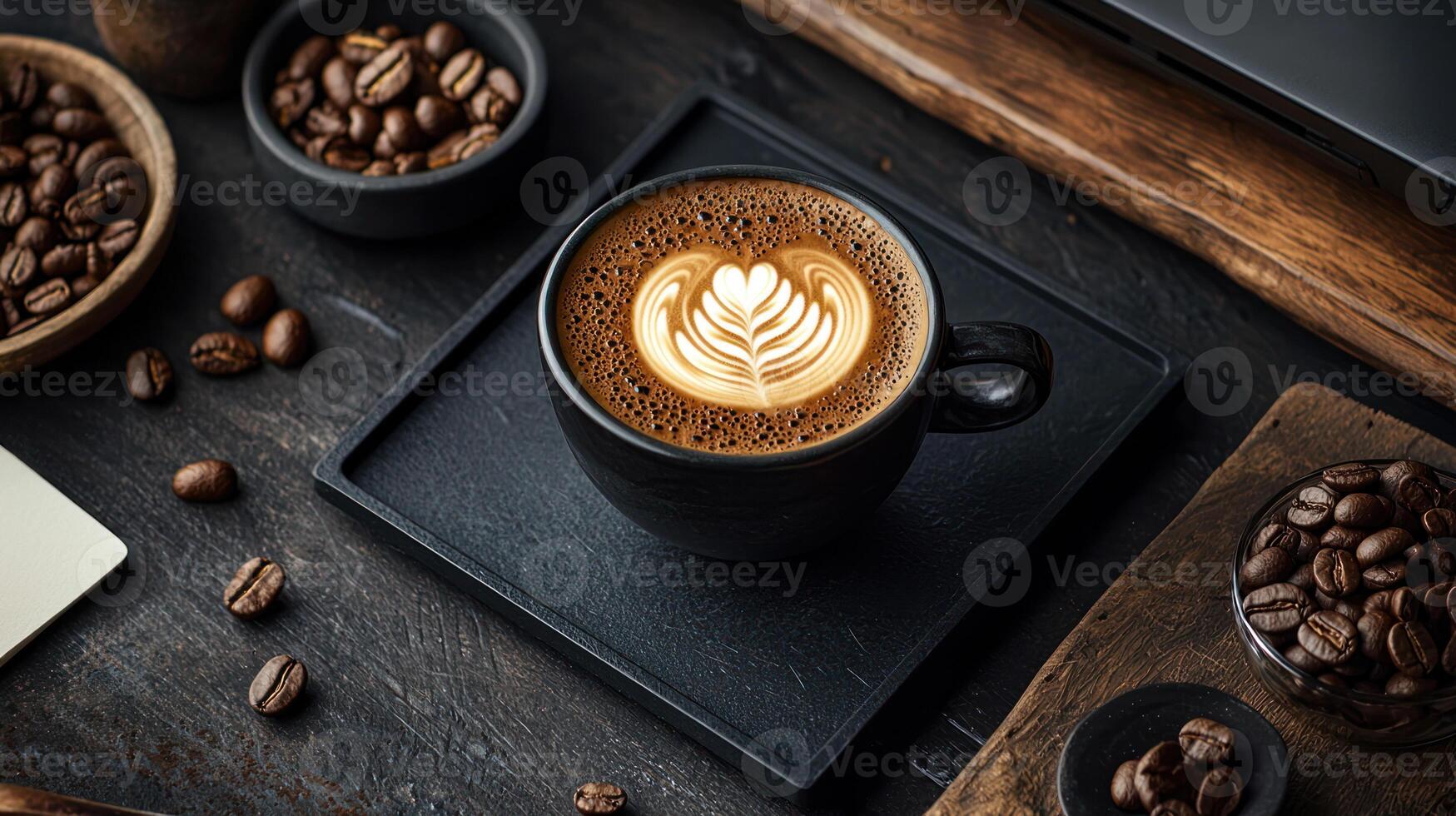 Coffee cup with latte art on black tray surrounded by coffee beans in bowls and scattered on dark wooden table, cozy and inviting photo