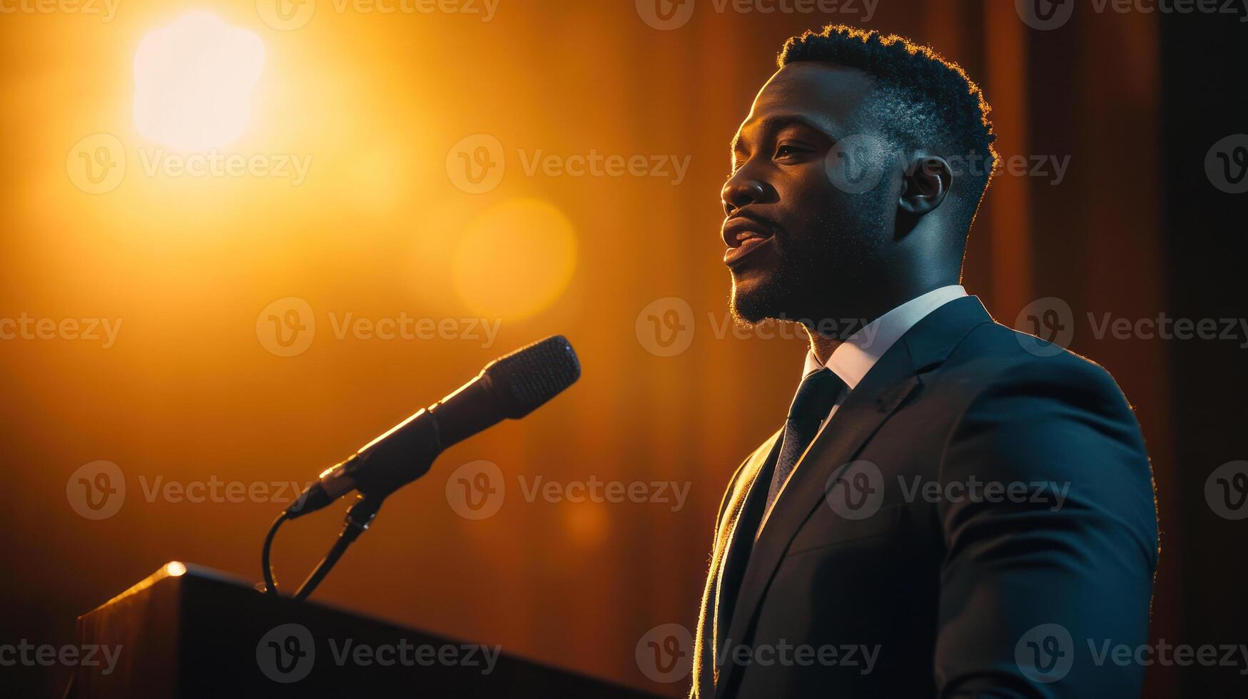 Portrait of Black man speaking passionately at podium with warm spotlight creating dramatic and inspiring atmosphere photo