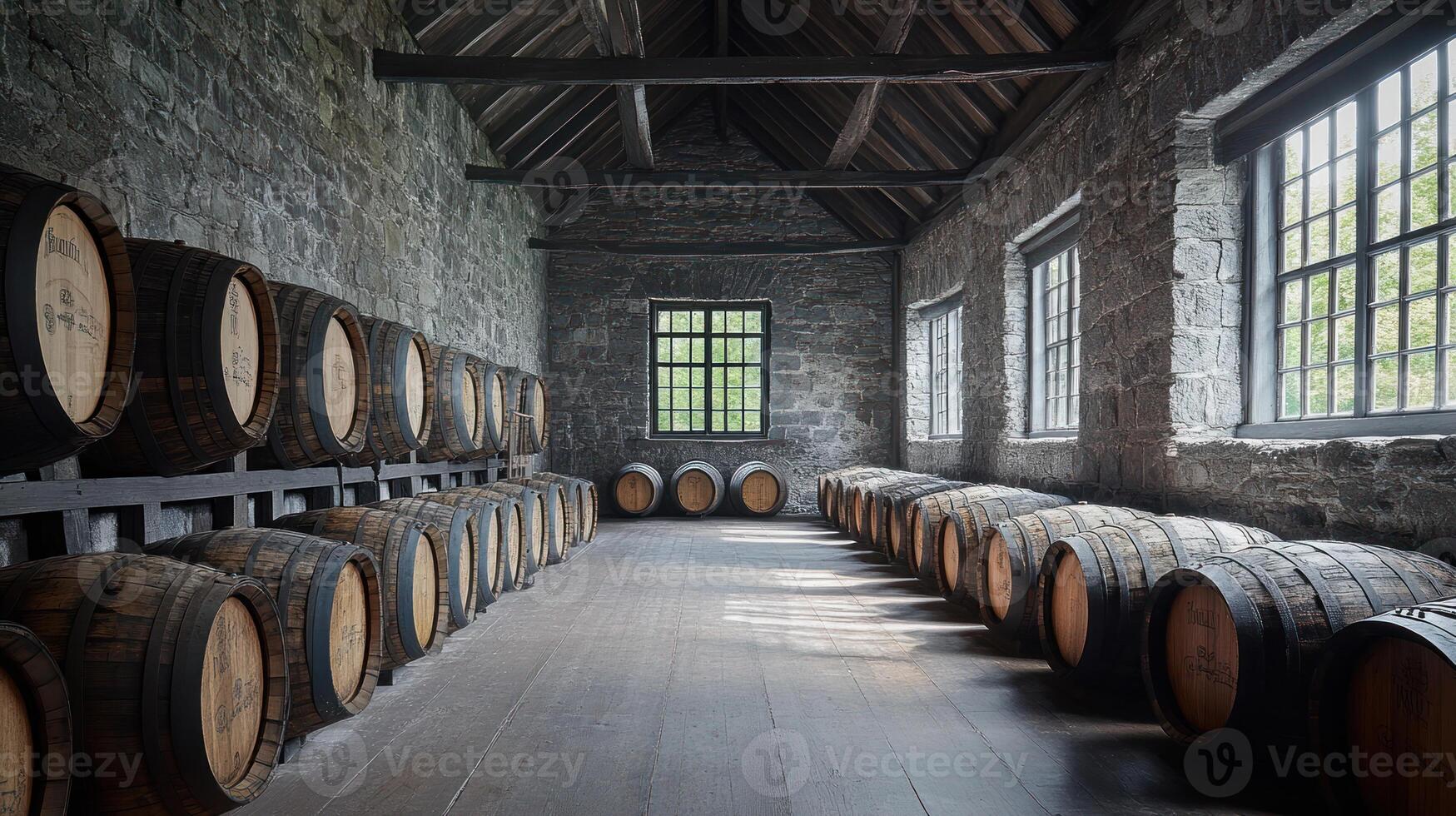 Whisky barrel storage in rustic stone warehouse with natural light from windows creating calm day atmosphere in world of spirits photo
