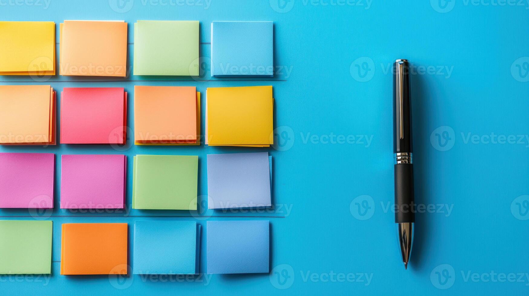 Colorful sticky notes arranged in neat rows on blue surface with black pen casting soft shadow, creating organized workspace feel photo