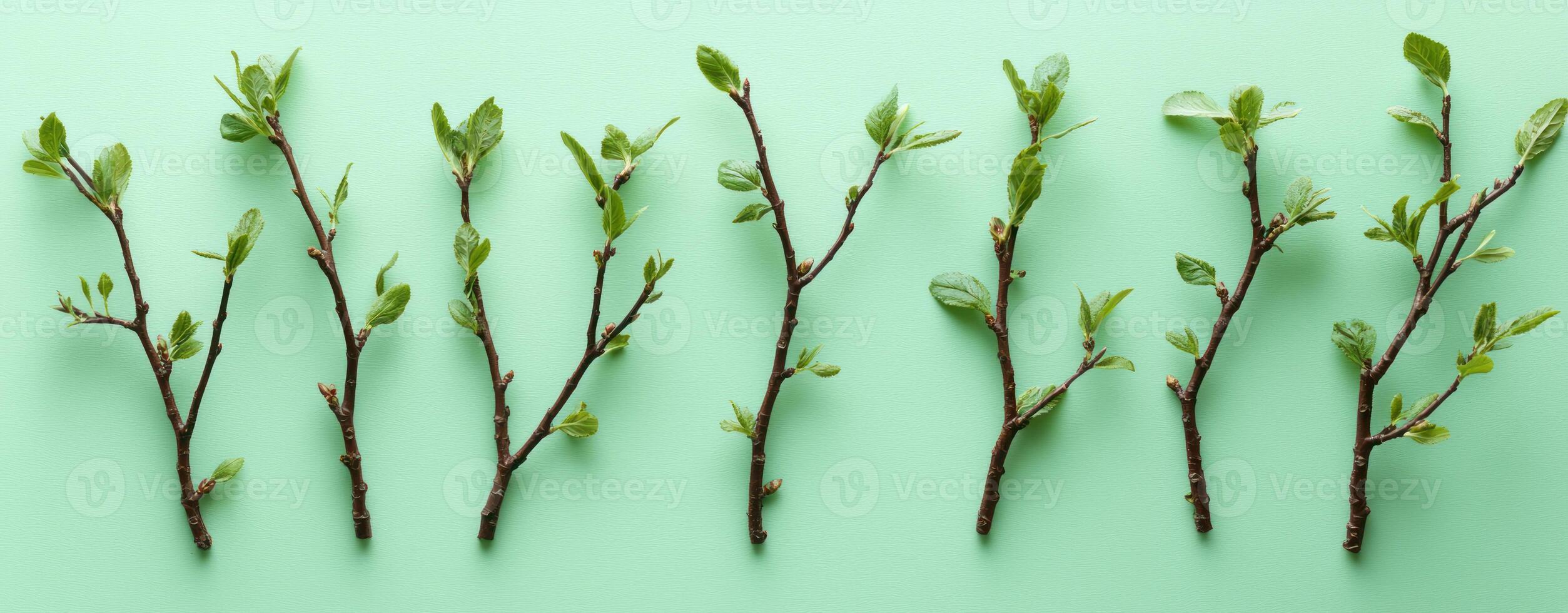 Stationery shaped like tree branches with fresh green leaves arranged balanced, symmetrical layout soft green background, evoking calmness photo
