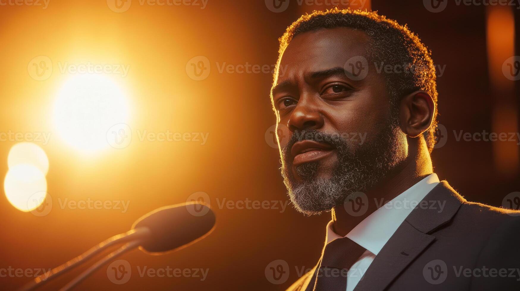 Passionate Black man speaking at microphone with warm spotlight, wearing suit and tie, expressing confidence and leadership in close up portrait photo
