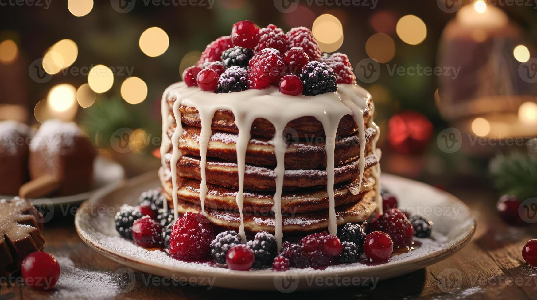 Tall stack of pancakes with white icing drizzle and fresh mixed berries on plate, creating cozy and festive dessert scene photo