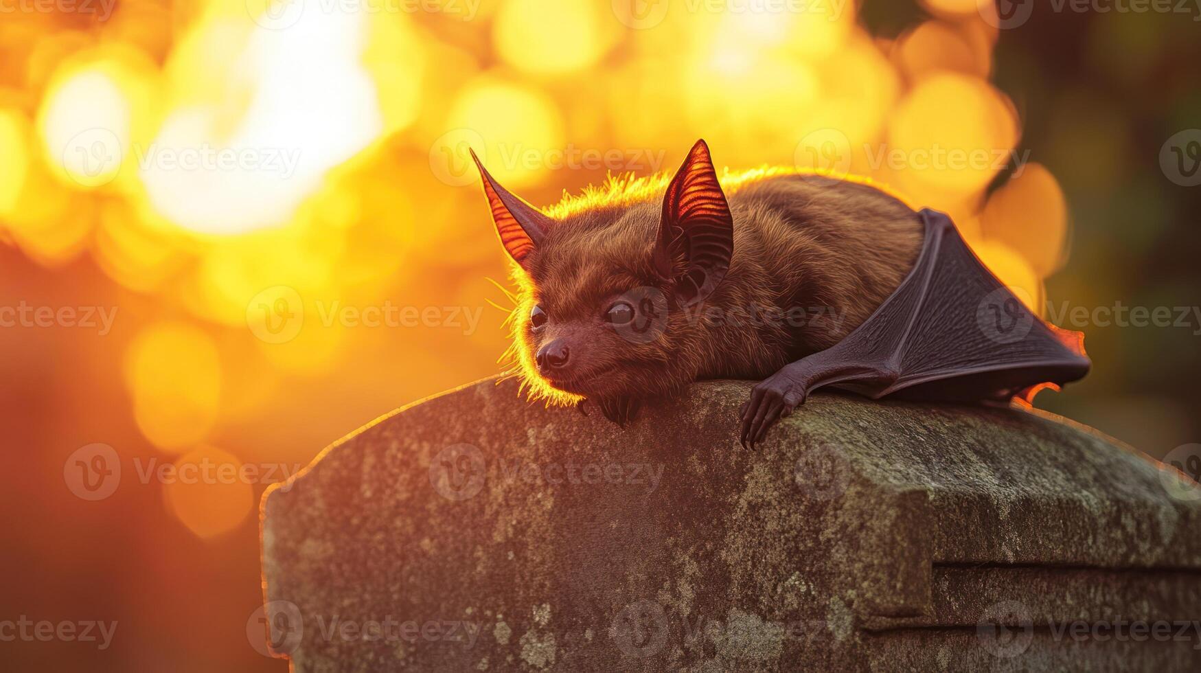 Bat rests on stone surface during warm day with golden sunlight creating magical world atmosphere reminiscent of dracula tales photo