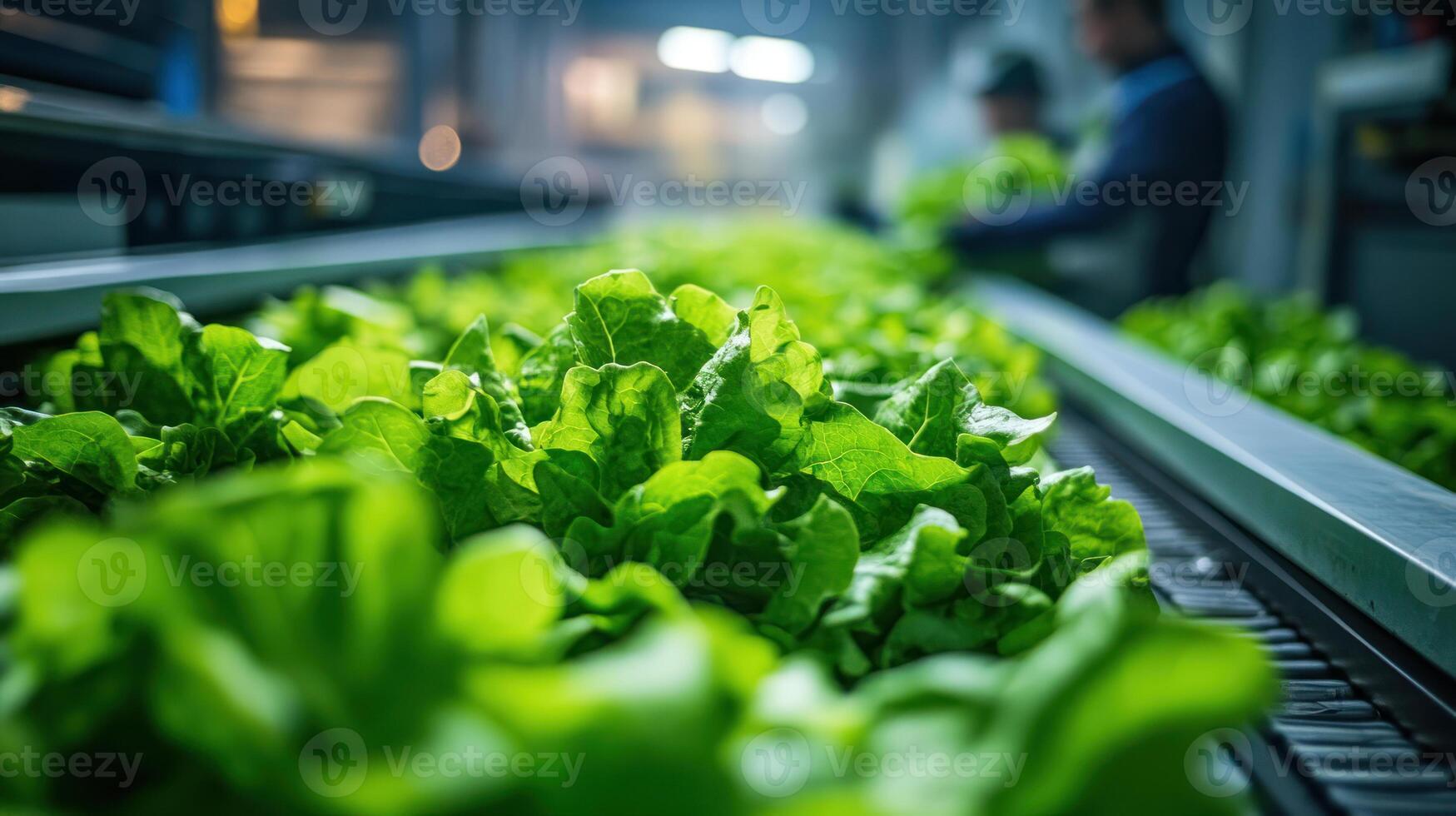 Fresh green lettuce leaves on conveyor belt in clean food processing facility with worker monitoring production line photo