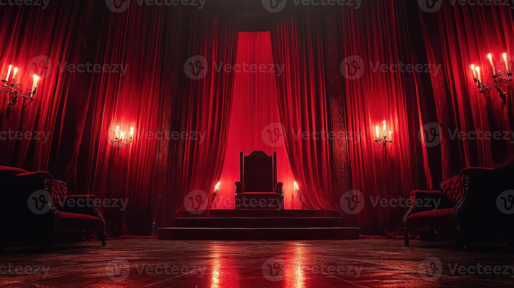 Dark world stage with throne and red curtains lit by candlelight creates mysterious dracula atmosphere on this dramatic day scene photo