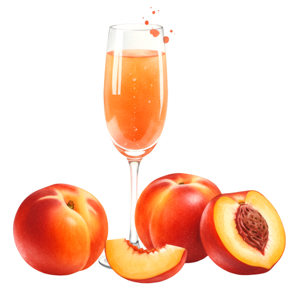 Tall glass with orange liquid and three peaches with slices on a plane surface view from the front on transparent background png