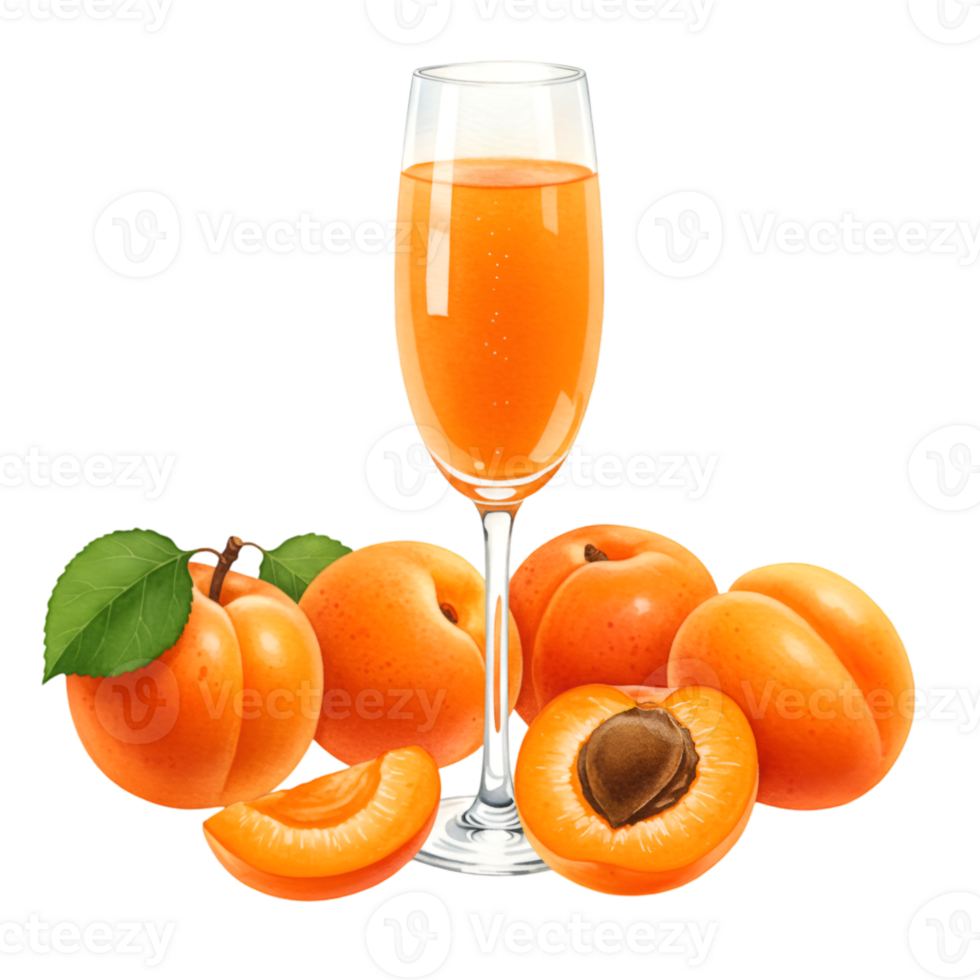 A tall glass of juice with several apricots and leaves arranged around the base of the glass item on transparent background png