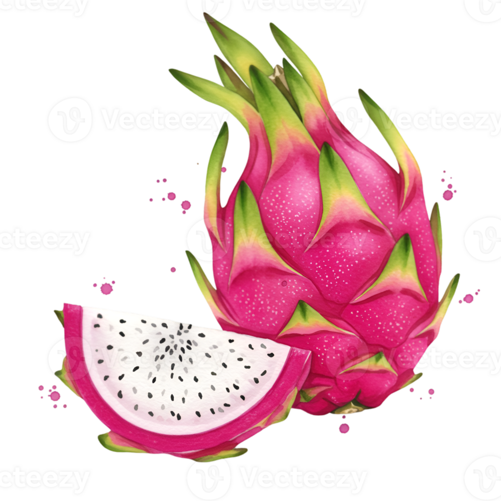 A vibrant dragon fruit with a slice, showcasing its pink skin and white flesh with tiny seeds nearby on transparent background png