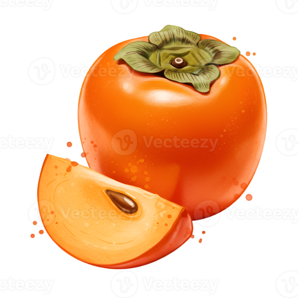 A vibrant persimmon fruit with a slice showing the seed on a plain setting for a food theme image on transparent background png